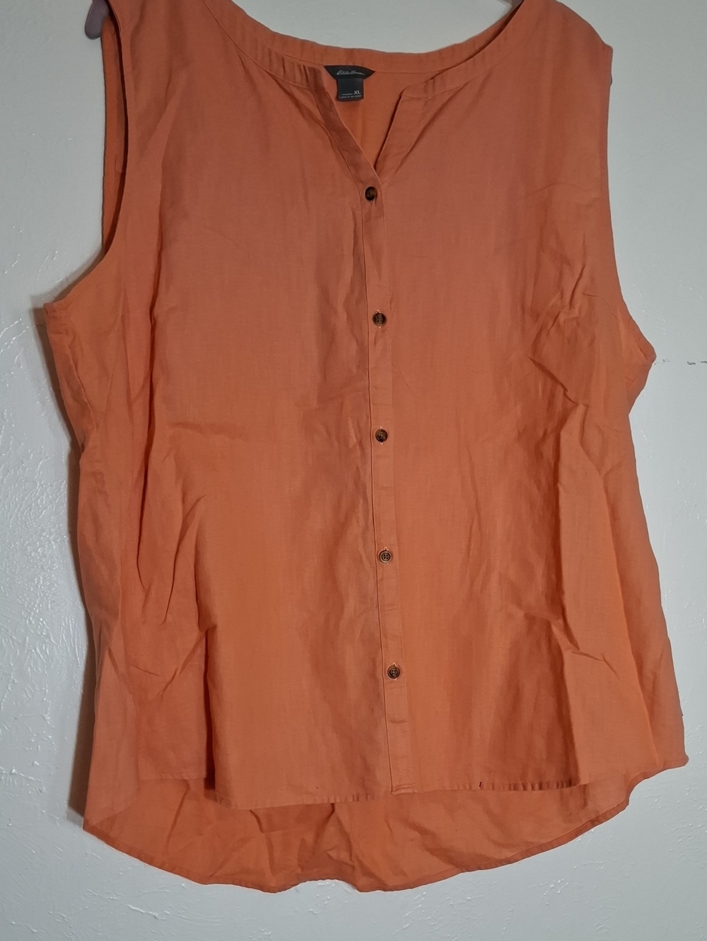 Womens Eddie Bauer Orange Sleeveless Button-Down Shirt
